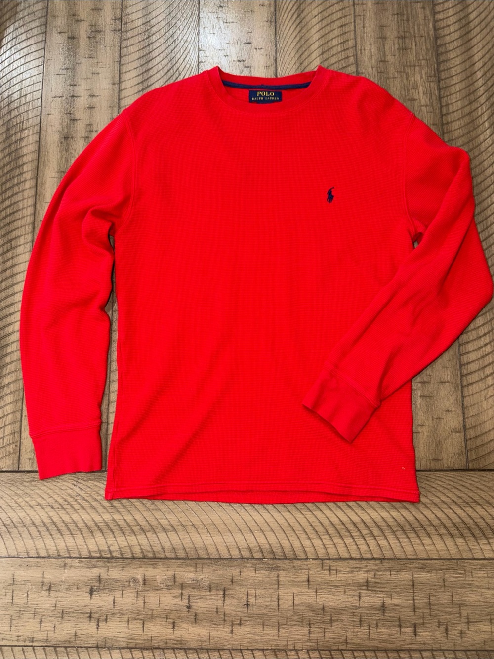 Polo by Ralph Lauren Long-Sleeve Crewneck Shirt in Bright Red with Navy Logo